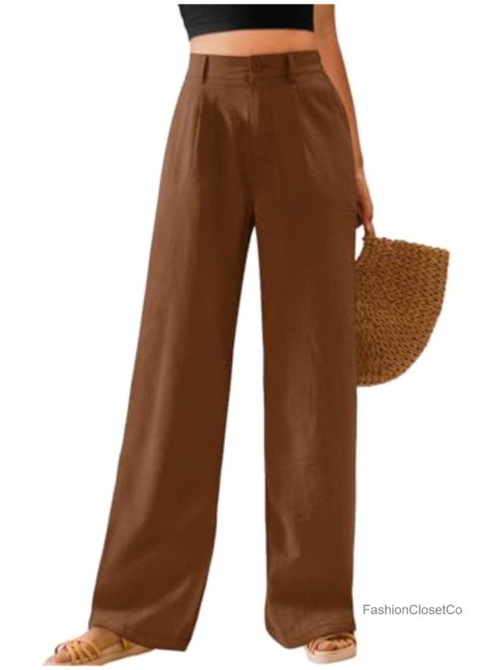 Wide Leg Palazzo Pants High Waisted Button Elastic Waist Deep Pockets